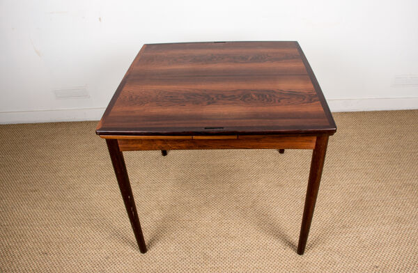 Table danoise en palissandre de rio extensible et réversible, pour repas ou jeux par poul hundevad