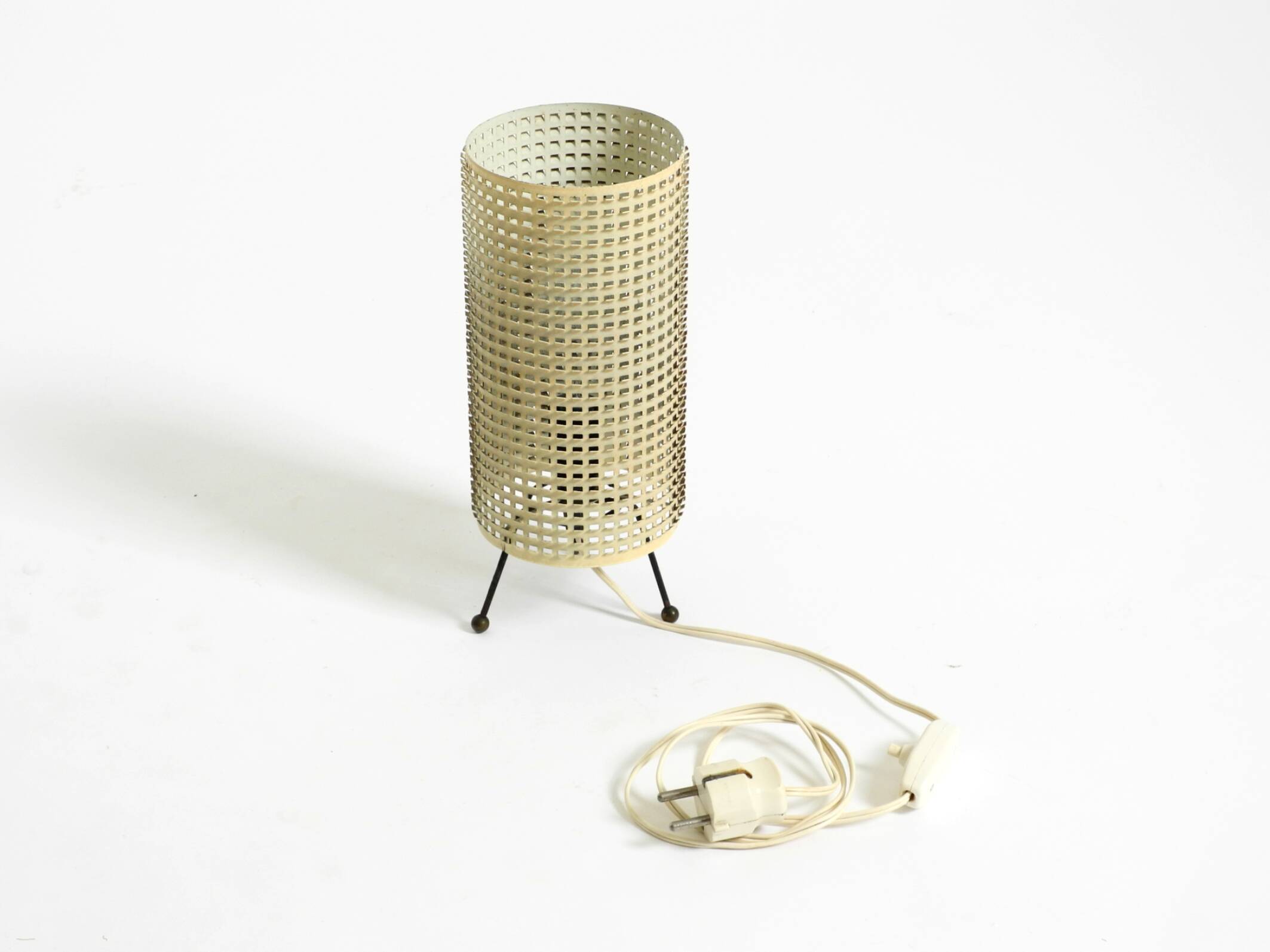 Original 1950s brass tripod table lamp with a perforated metal lampshade