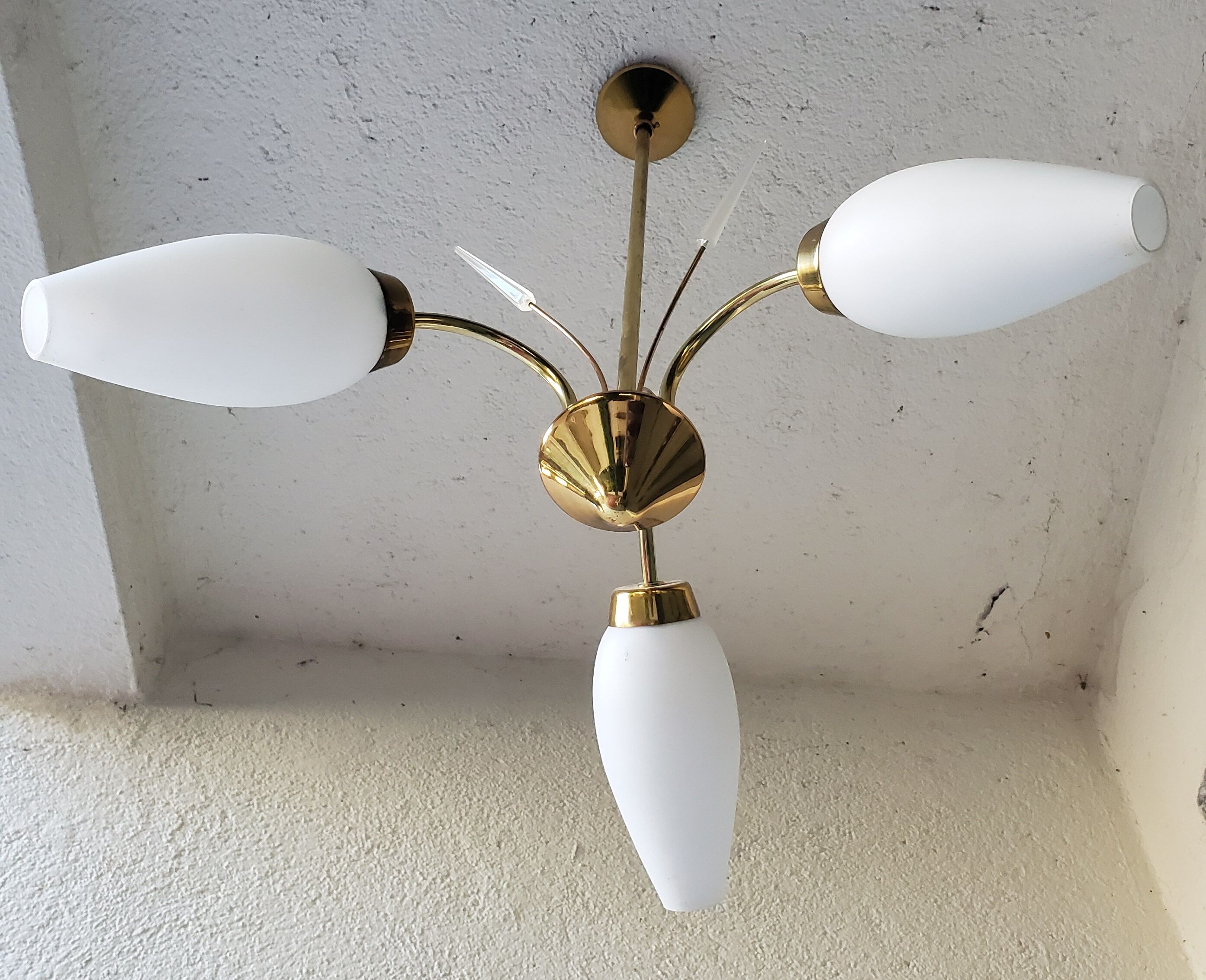 60's opaline and brass chandelier