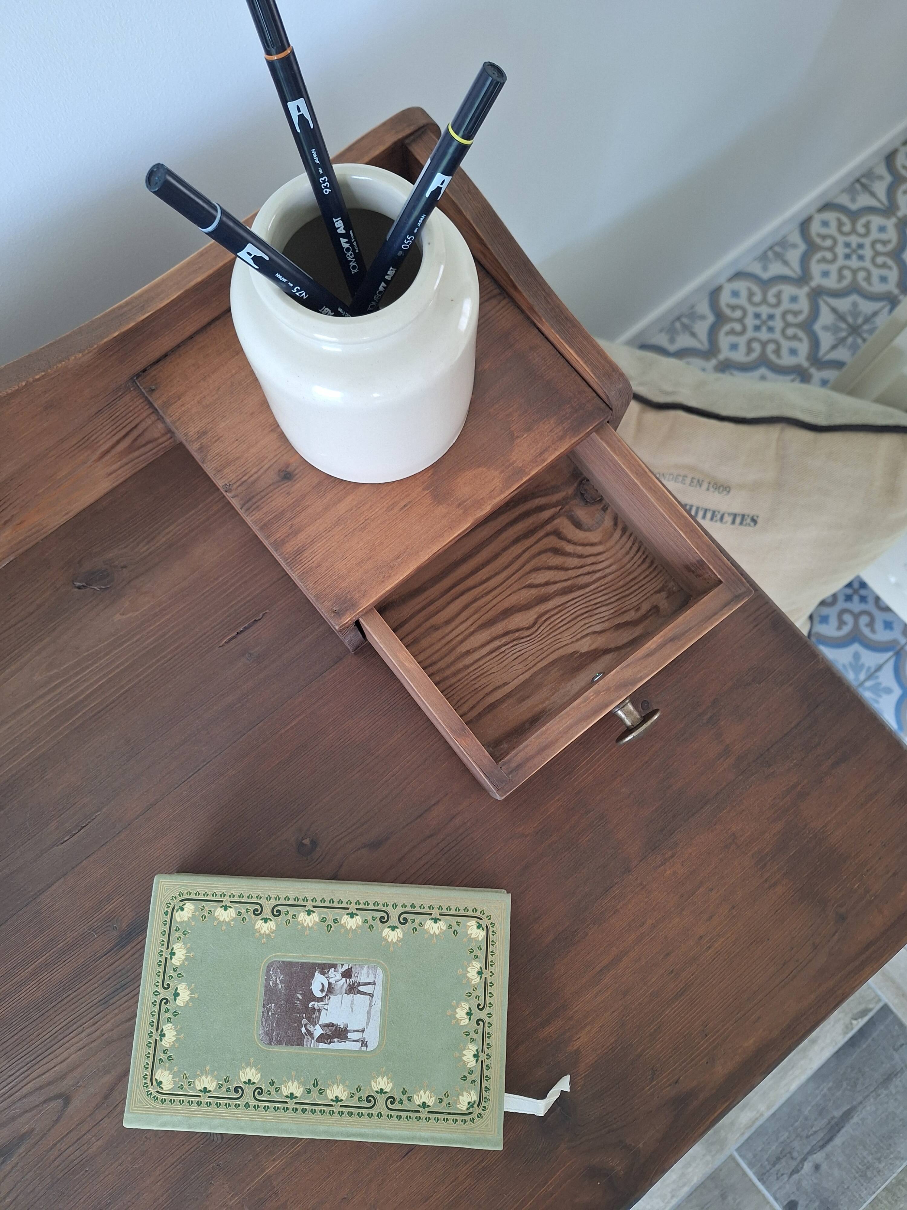 Antique solid wood desk with tiers – metal handles