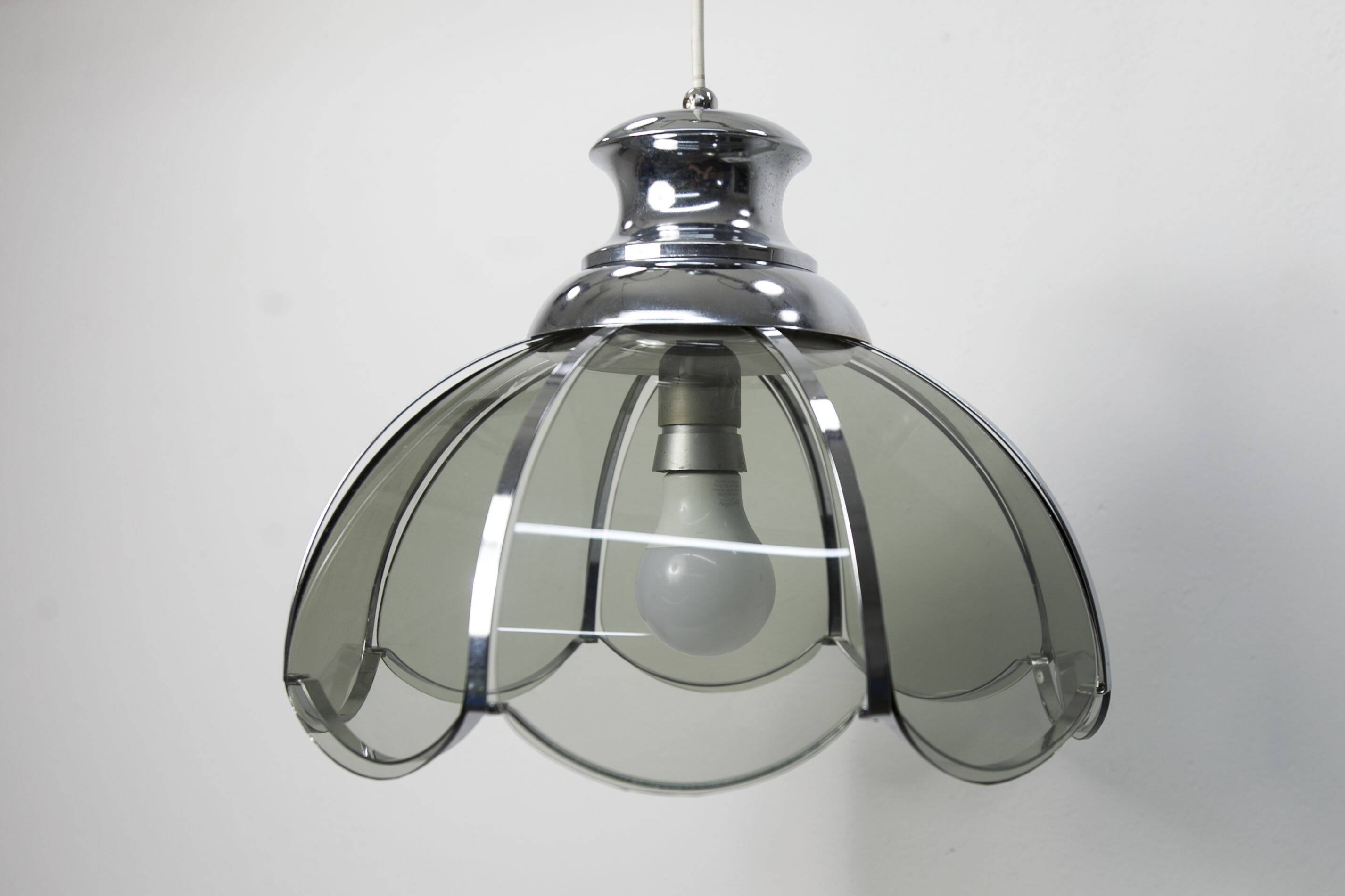 Floral suspension in chromed metal and grayed glass 1970