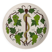 Assiette murale en céramique grecque peinte à la main, motif de vigne et de bâton d'Asclépios.