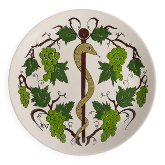 Hand-Painted Greek Ceramic Wall Plate, Grapevine & Rod of Asclepius Motif