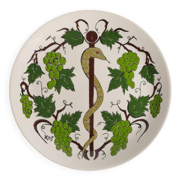 Hand-Painted Greek Ceramic Wall Plate, Grapevine & Rod of Asclepius Motif