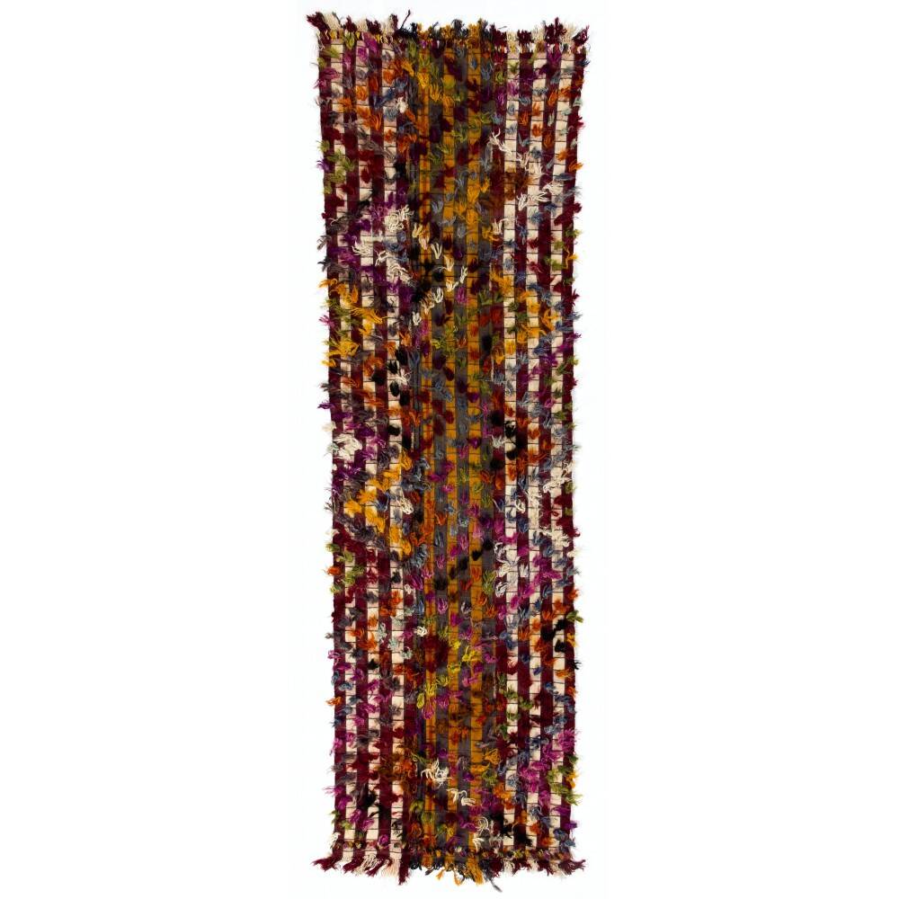 Vintage Handwoven Turkish Kilim Runner Rug with Colorful Pom Poms
