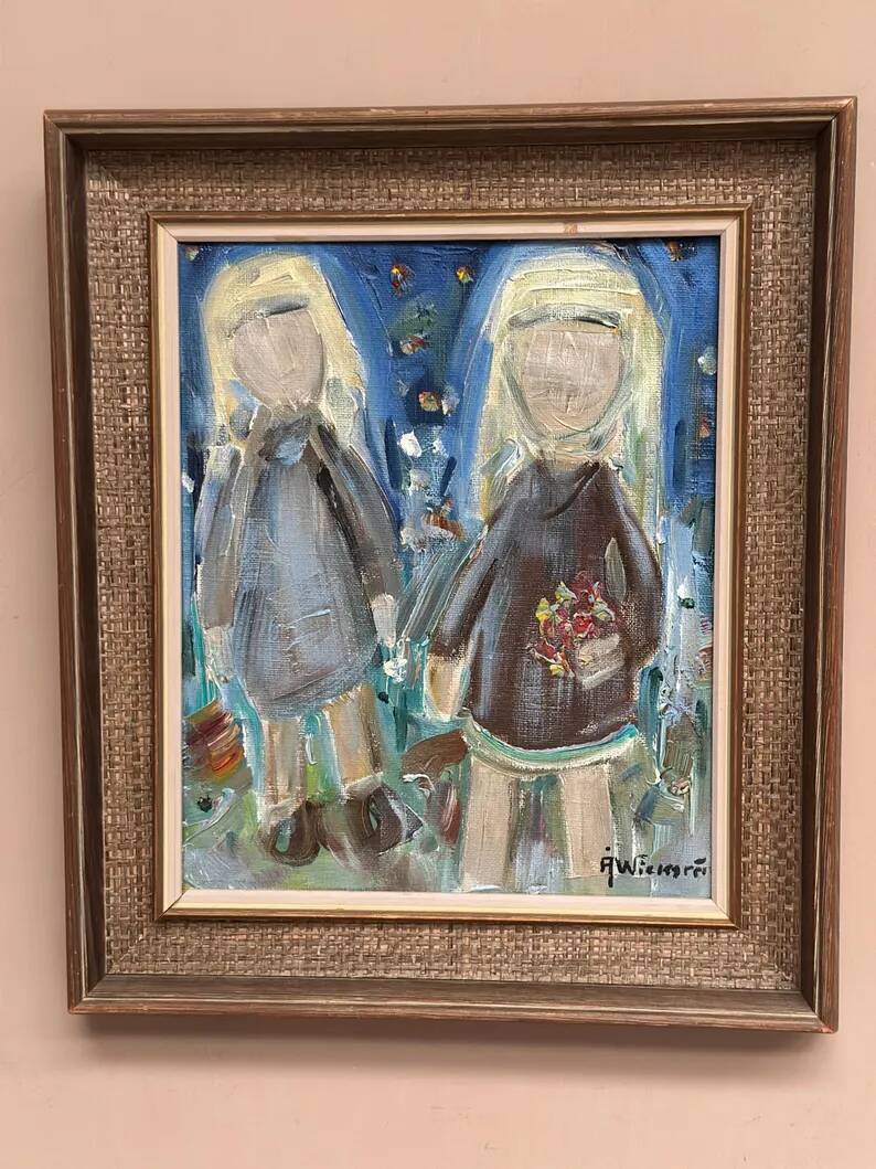Original Swedish Oil on Canvas – “Friends” by A. Wickgren – Vintage & Framed