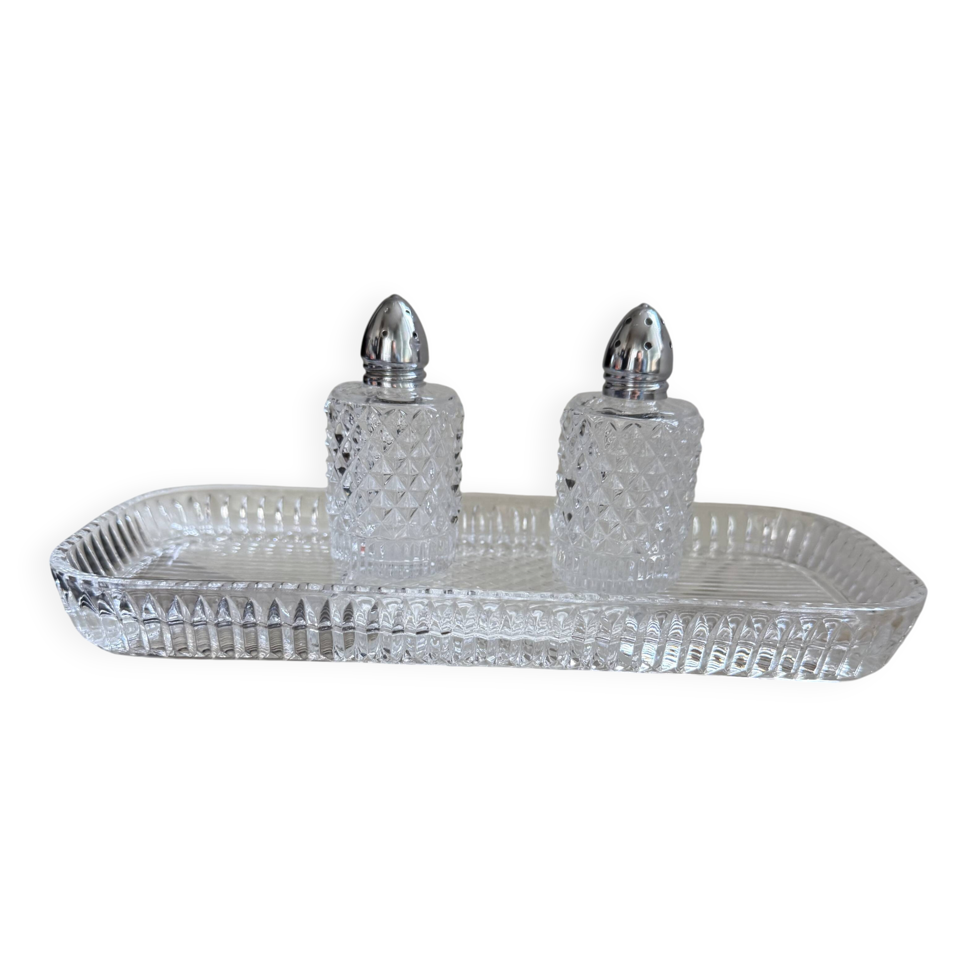 Tray with crystal salt and pepper shakers