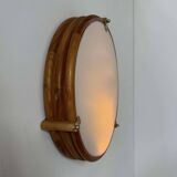 Vintage round wall light, wood, glass and brass, France 1980