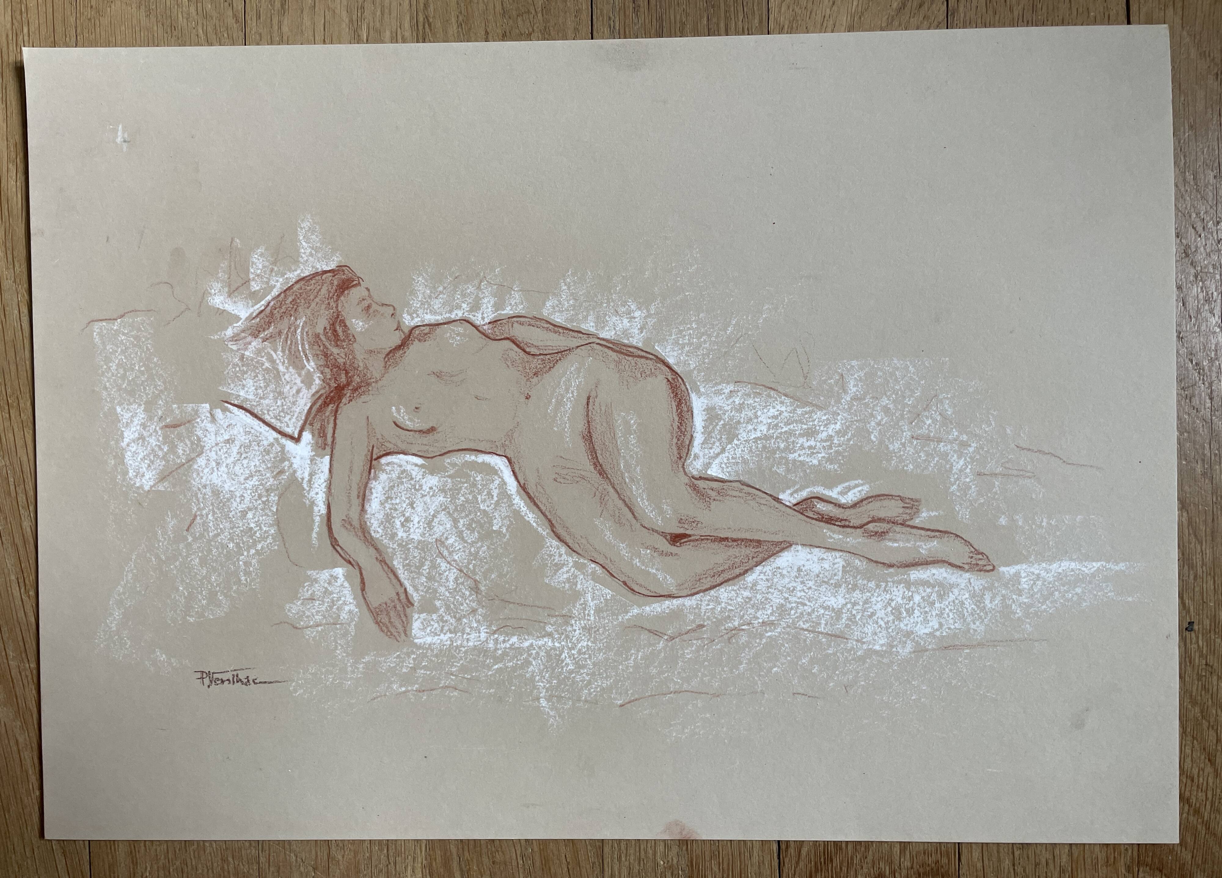 Signed sanguine drawing of a female portrait "The Nap"
