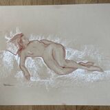 Tableau signé sanguine portrait féminin « la sieste »