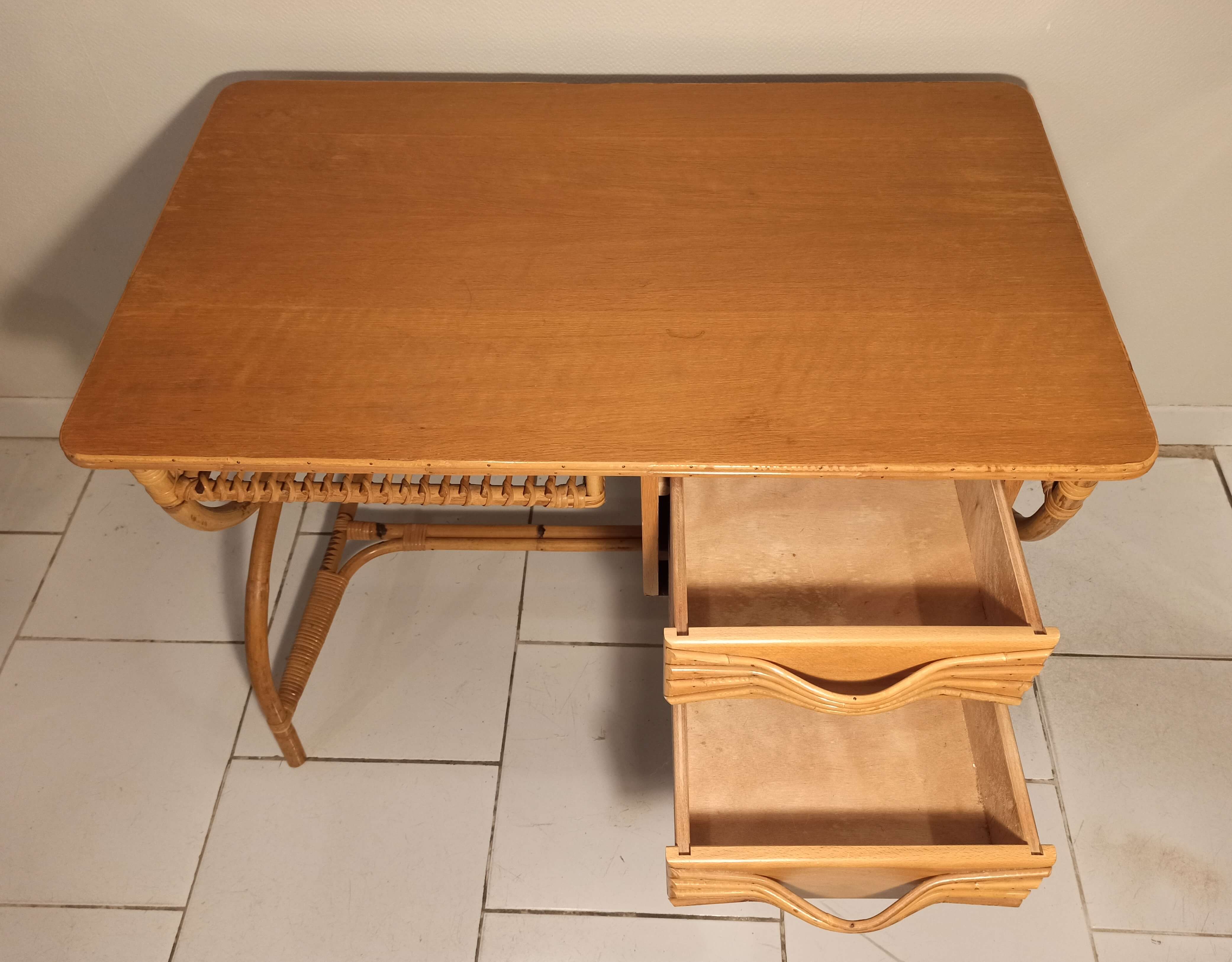 Louis Sognot vintage rattan desk and chair