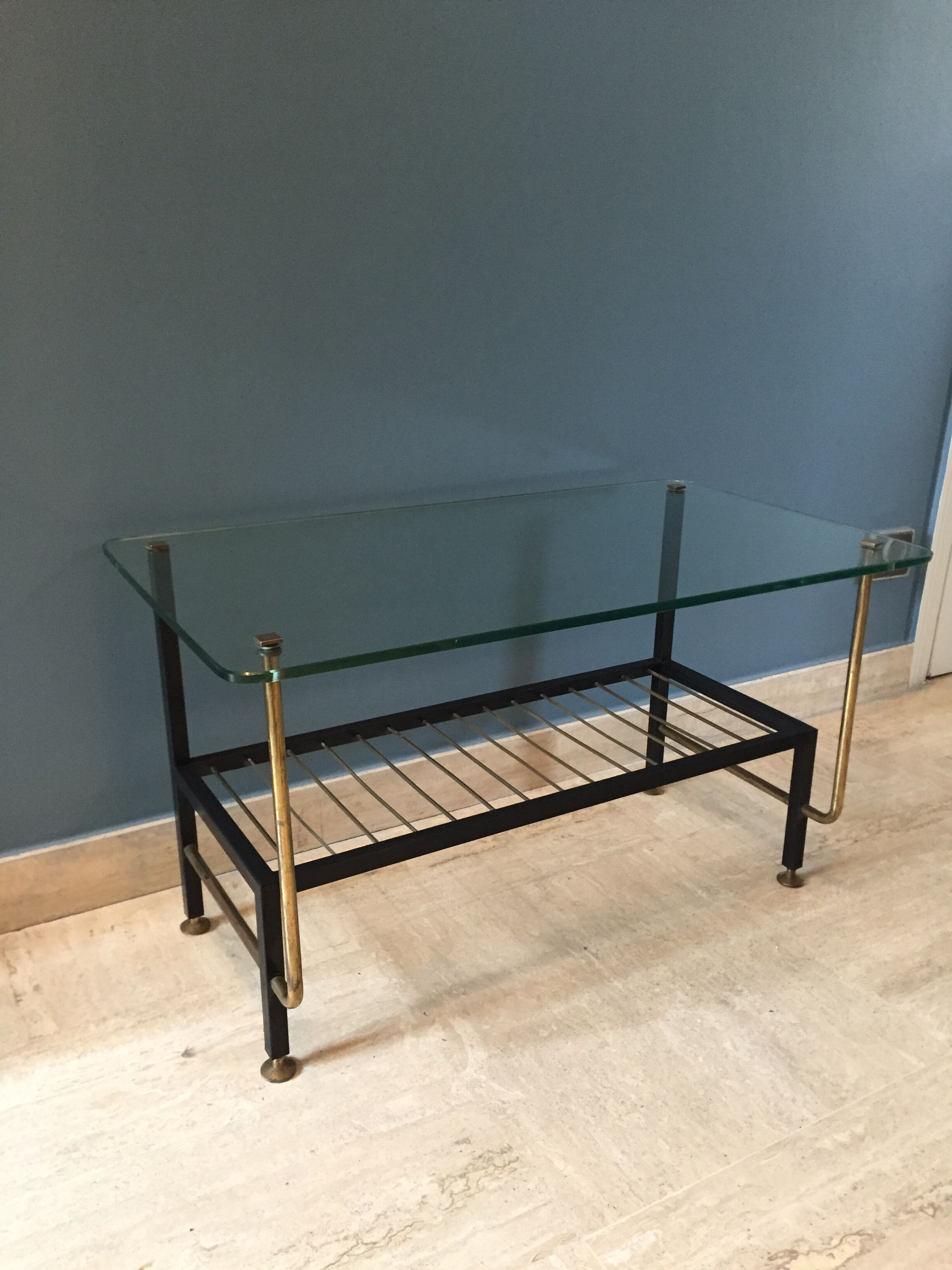 Coffee table in glass  black metal and brass vintage 1950