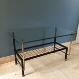 Coffee table in glass  black metal and brass vintage 1950