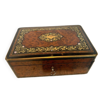 Jewelry box in cedar burl and brass marquetry engraved with Napoleon III