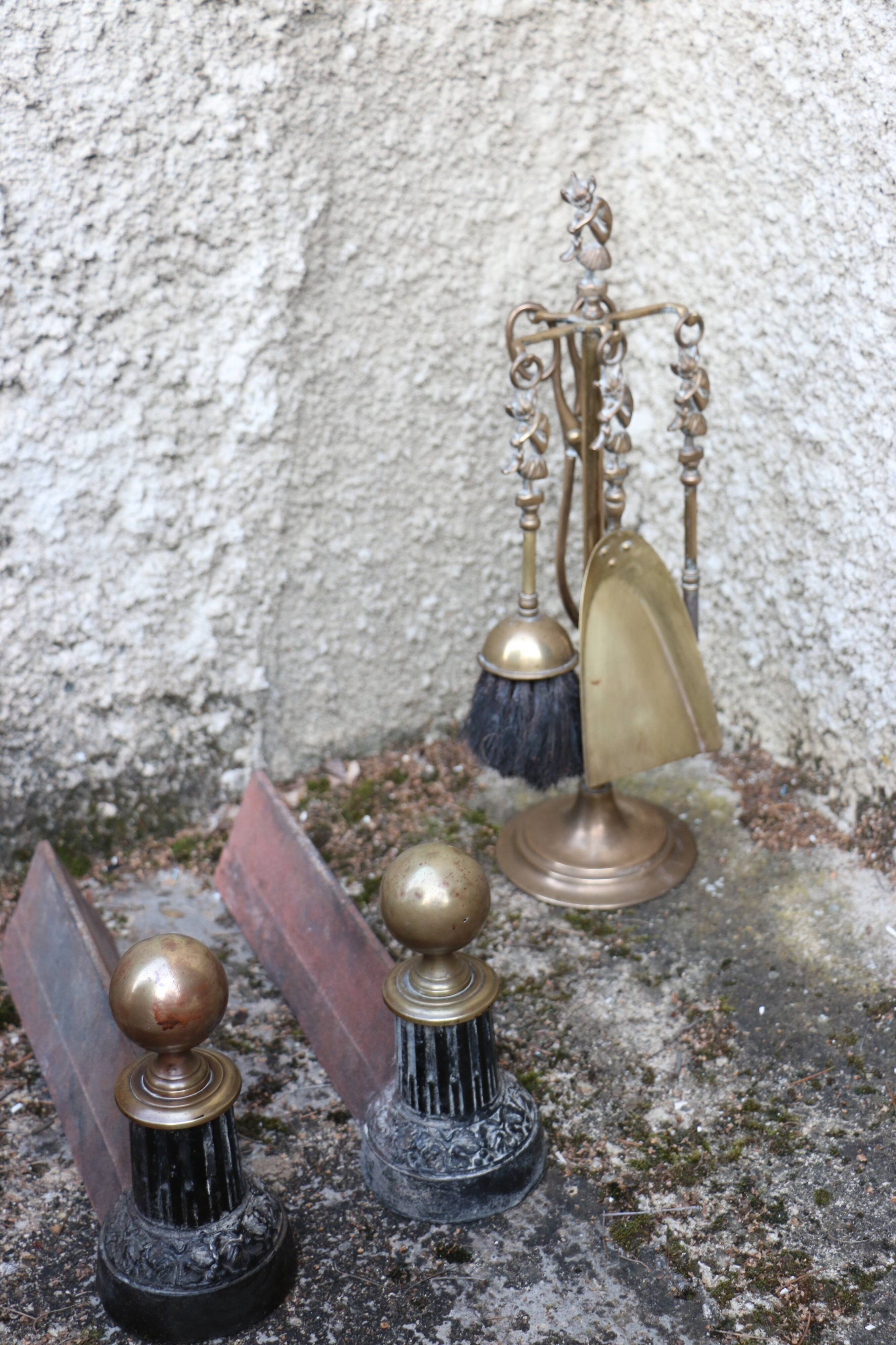 Brass fireplace servant with pair of cast iron pegs with vintage brass ball year 60
