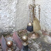 Brass fireplace servant with pair of cast iron pegs with vintage brass ball year 60