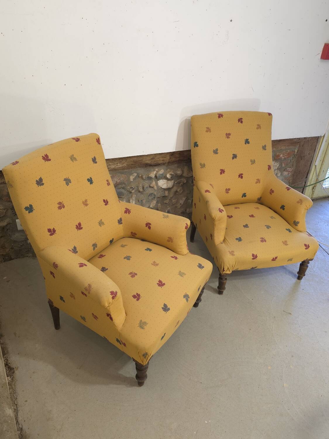 Pair of light mustard yellow English armchairs