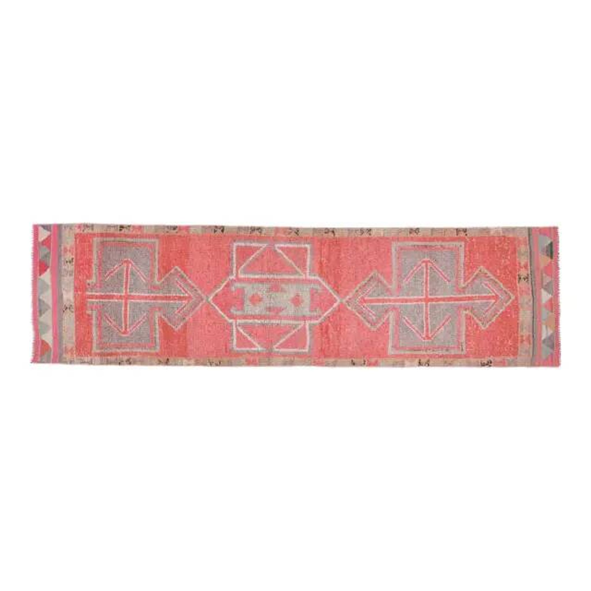 1970s Vintage Turkish Oushak Handmade Wool Cotton Pink Runner Rug 93X323
