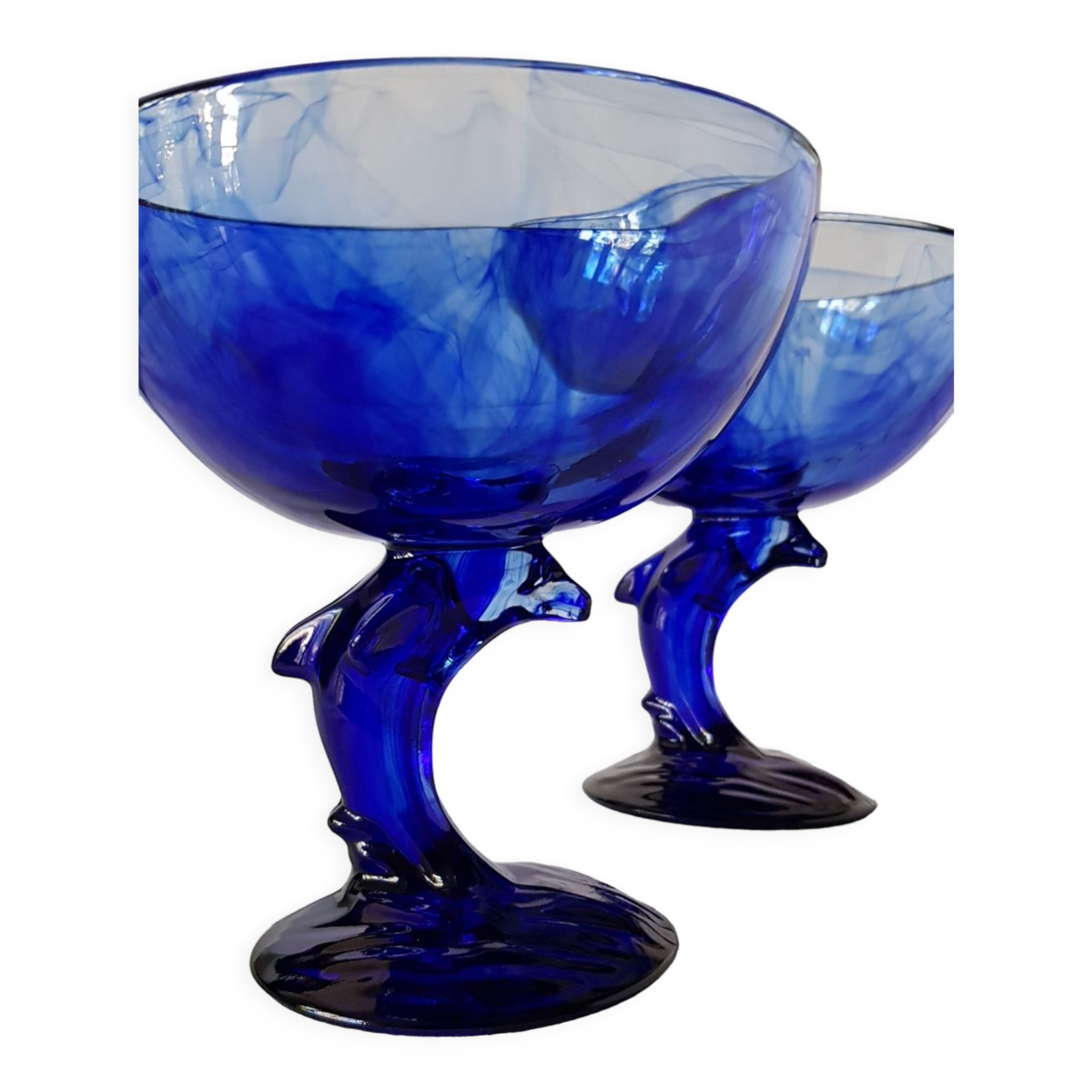 Set of 2 dolphin dessert cups in blue glass.
