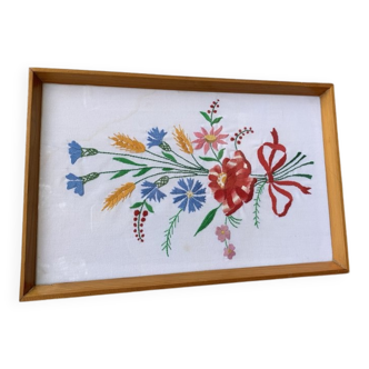 Embroidered tableau Kalocsa in multicolour on a white background, wooden and glass frame, vintage 1950s.