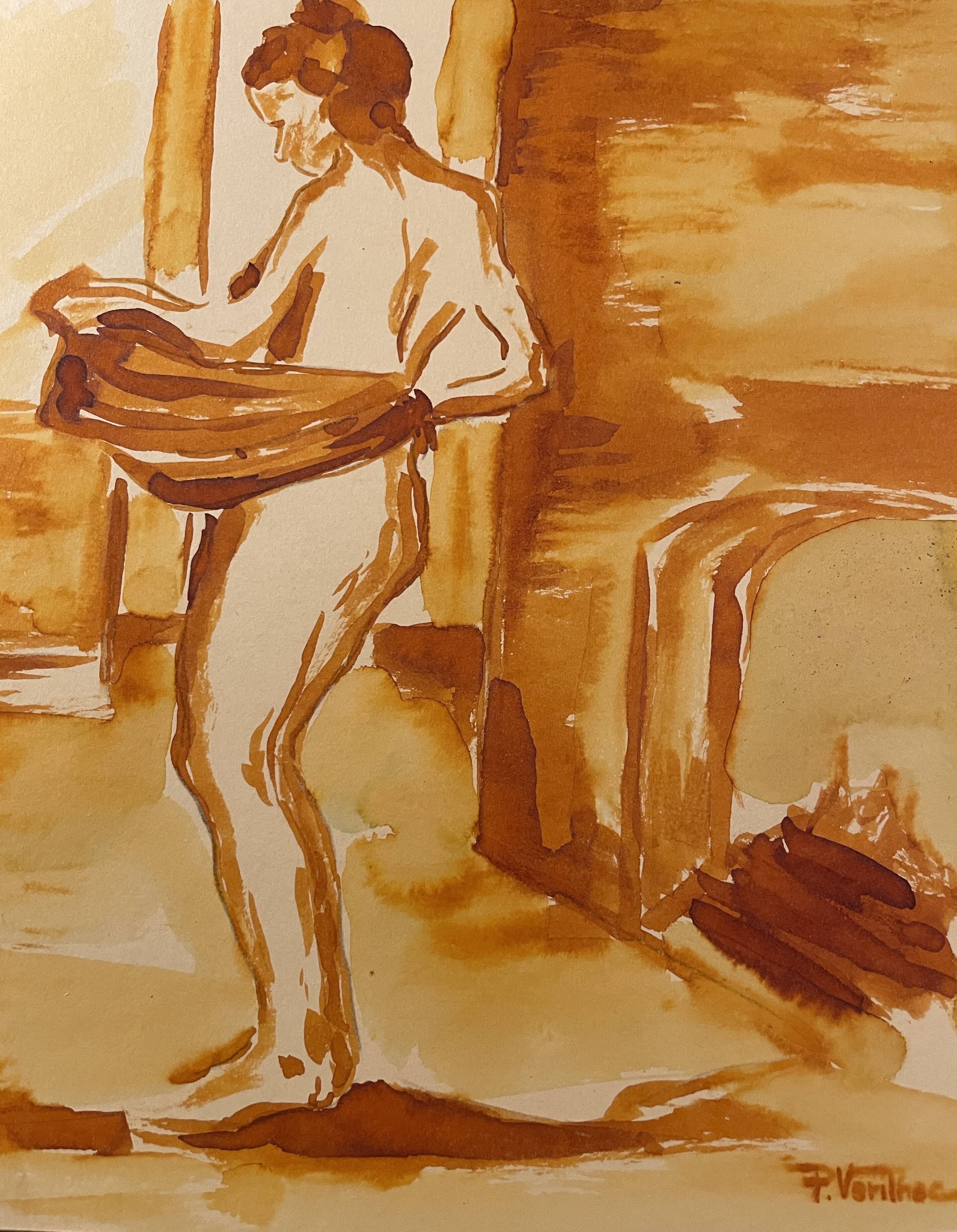 Red chalk watercolor portrait of a woman "study of coming out of the bath"