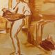 Red chalk watercolor portrait of a woman "study of coming out of the bath"