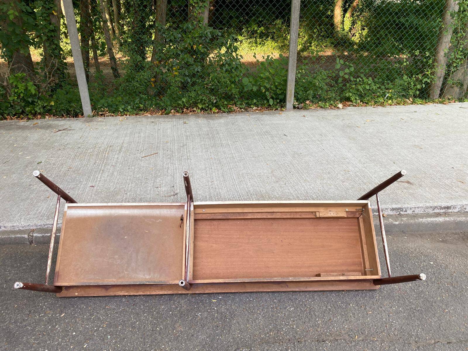 Grand banc d'école vintage 170 cm de 3/4 places en bois brut poncé métal 19