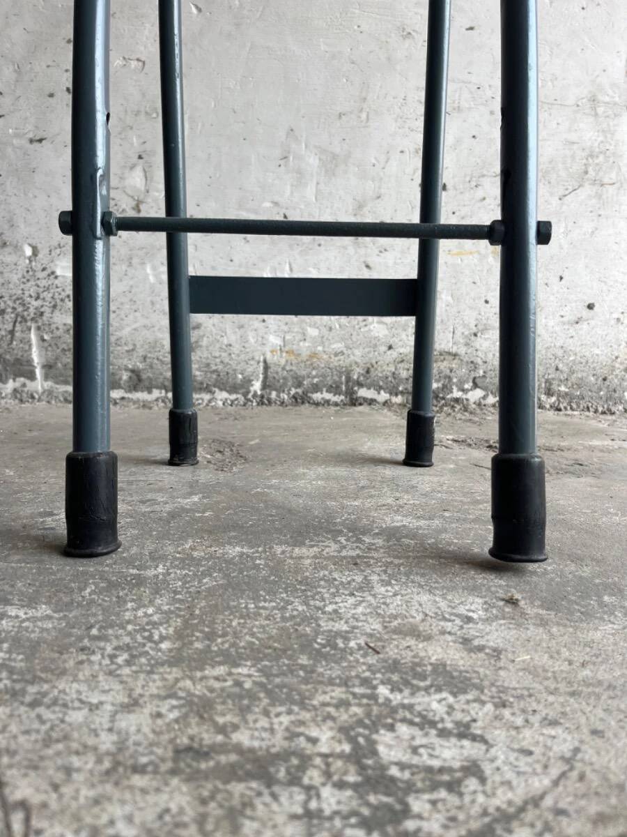 Upcycled industrial laboratory stool, black/grey metal frame with natural wood seat, mid-20th century