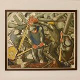 Huile sur panneau suédoise « Bûcherons »