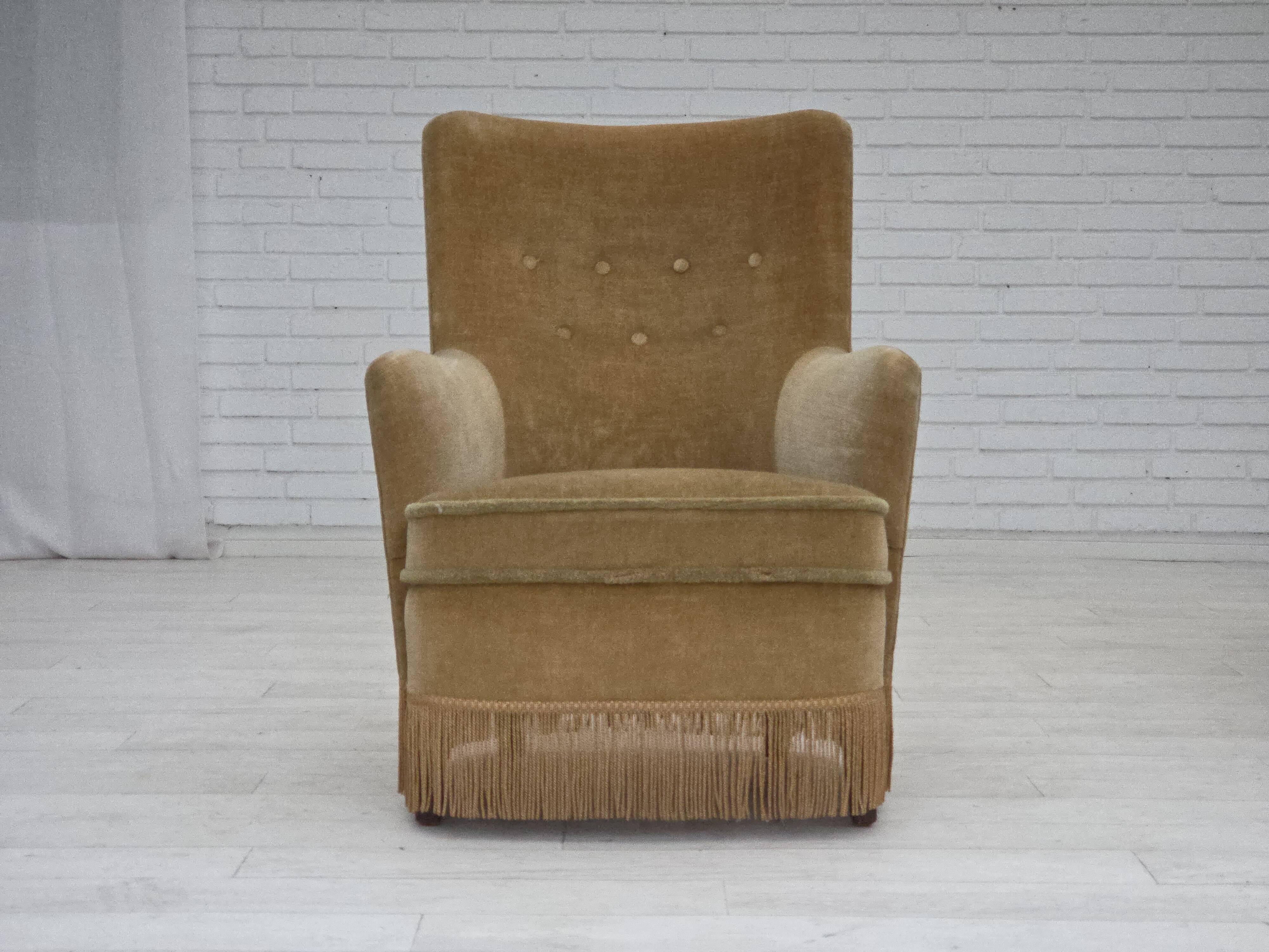 1970s, Danish armchair., original light green furniture velour.