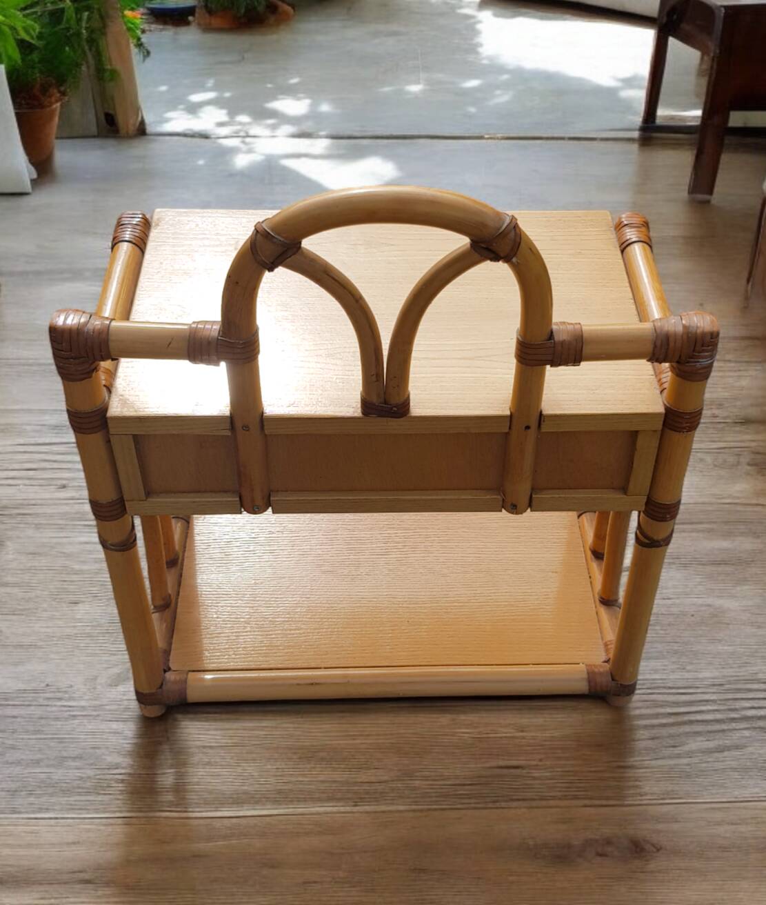 Vintage rattan bedside table with drawer