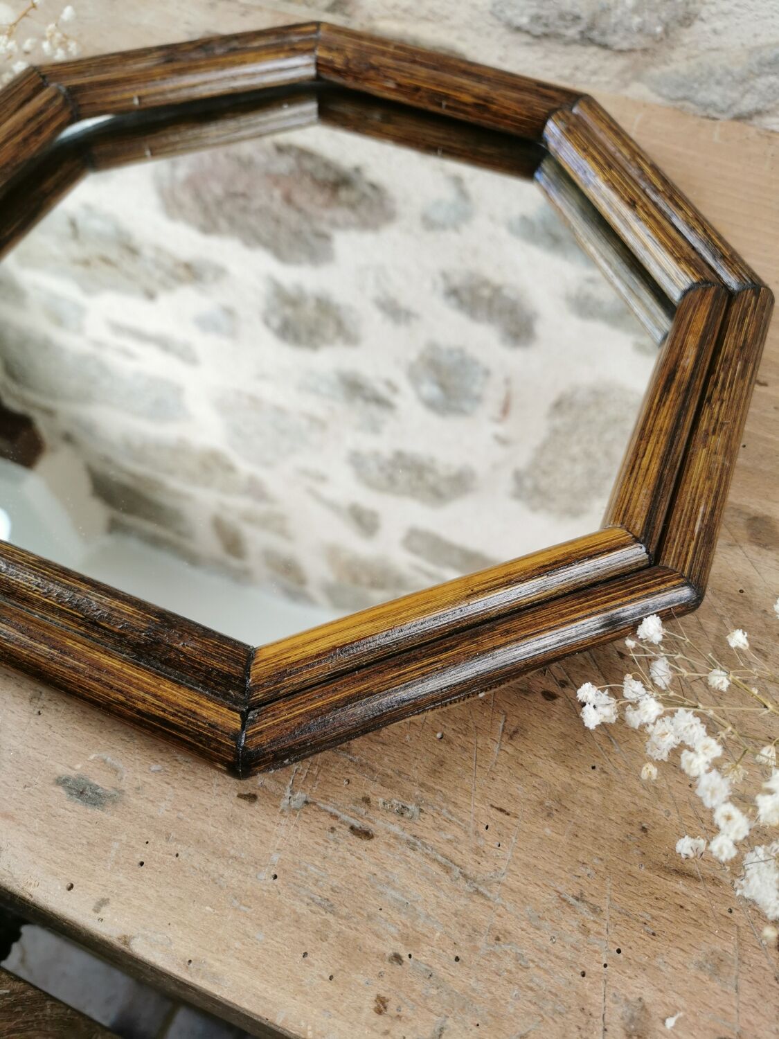 Vintage rattan mirror, octagonal