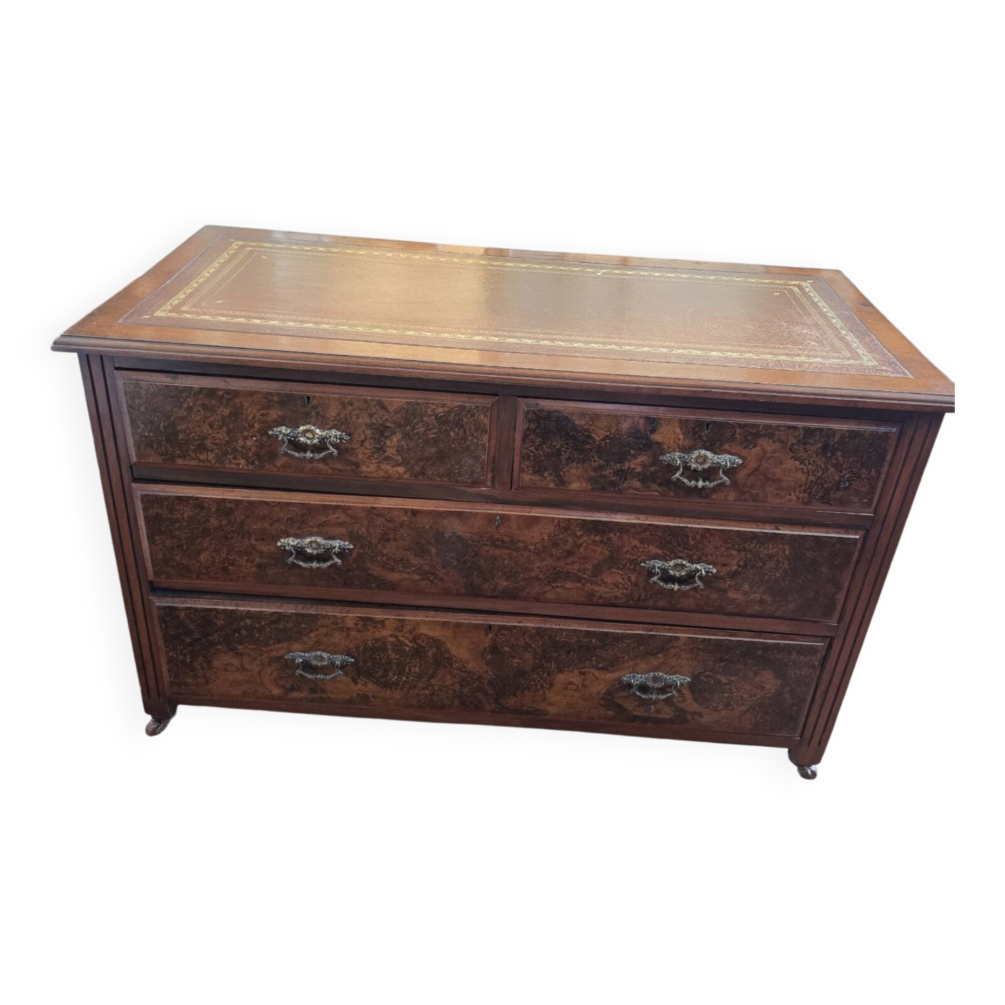 Antique wooden commode, gilded leather, 114cm