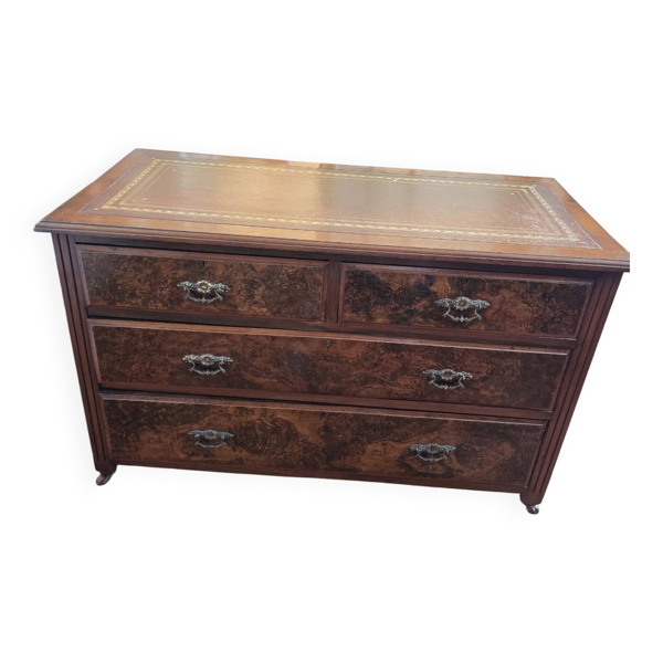 Commode ancienne en bois, cuir doré, 114cm