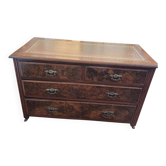 Commode ancienne en bois, cuir doré, 114cm