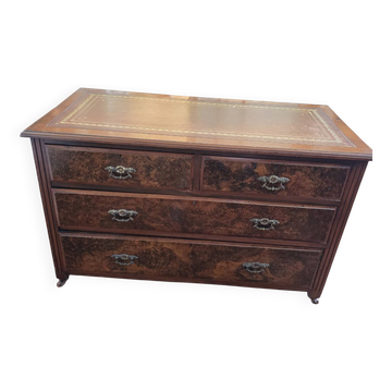 Commode ancienne en bois, cuir doré, 114cm