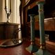 Exceptional pair of large candlesticks in patinated greenish-blue brass.