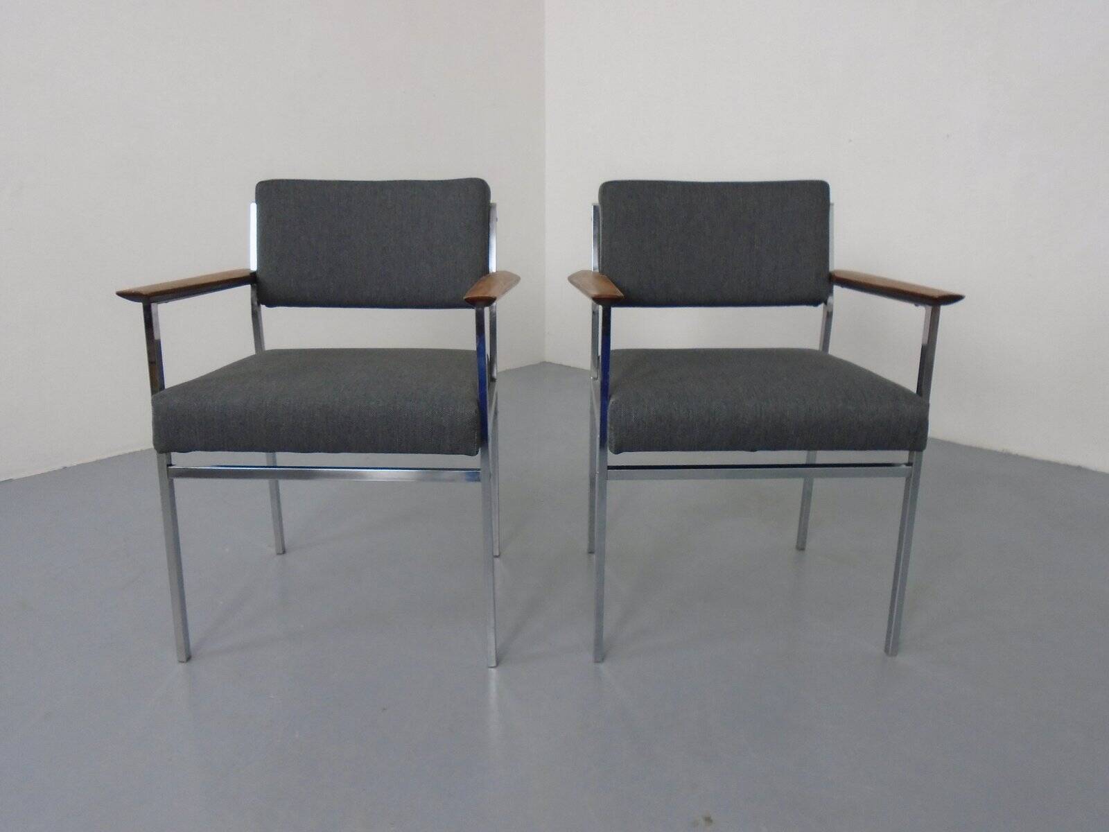 Vintage Square Tubular Rosewood and Steel Armchairs, Germany, 1960s, Set of 2