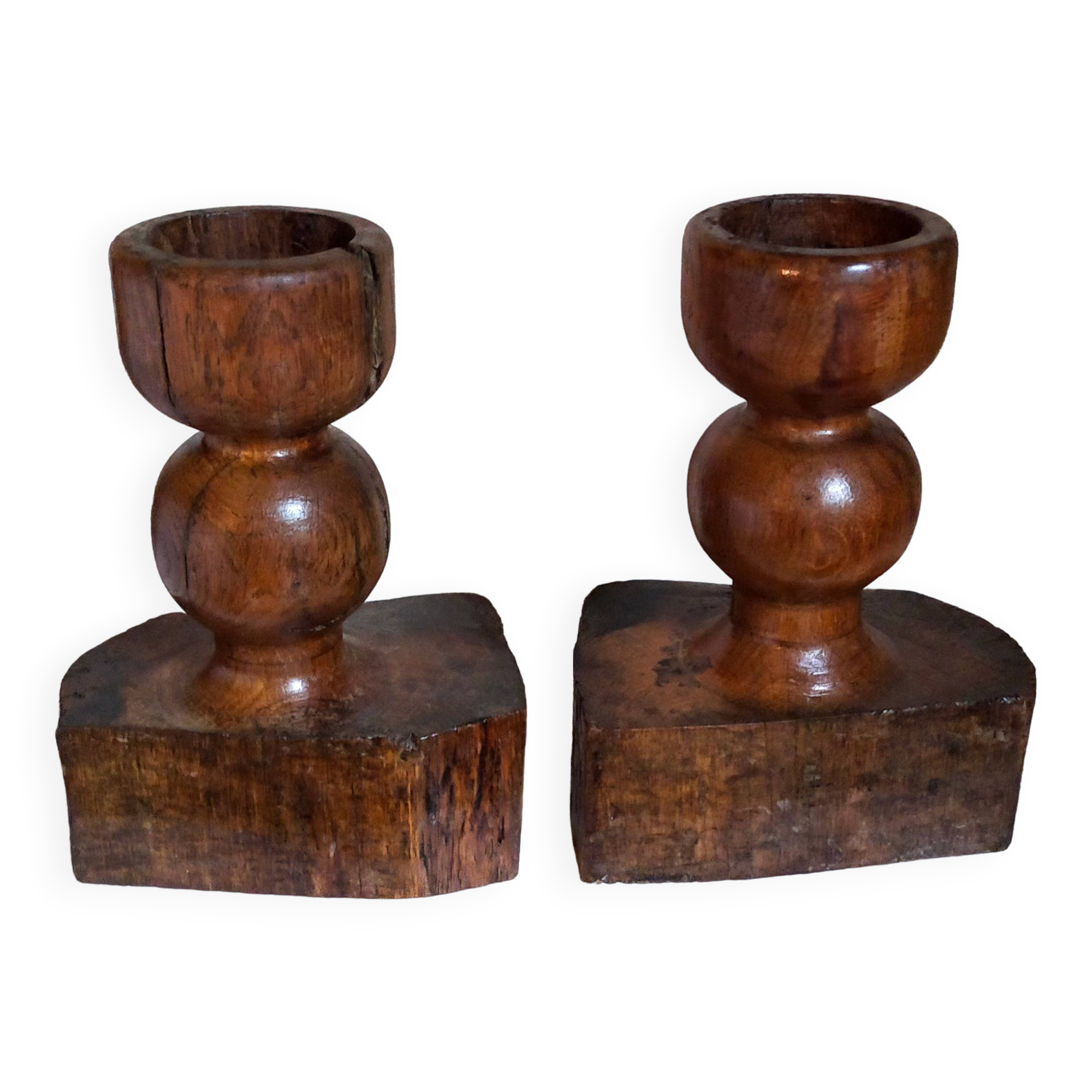 Pair of old brutalist turned solid wood candlesticks