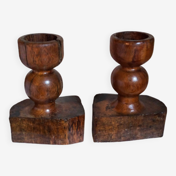 Pair of old brutalist turned solid wood candlesticks