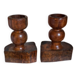 Pair of old brutalist turned solid wood candlesticks