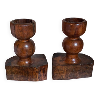 Pair of old brutalist turned solid wood candlesticks