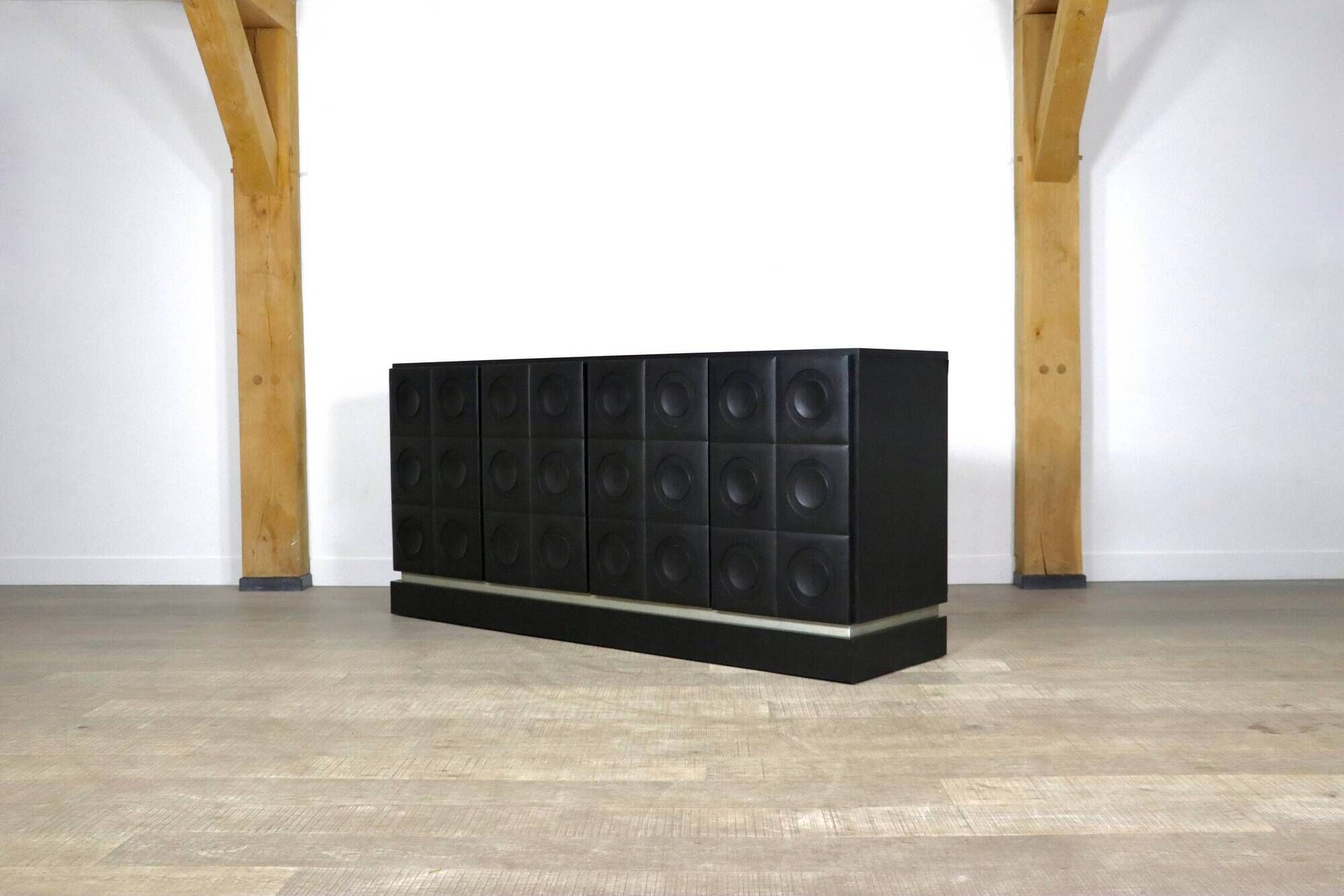 Midcentury Modern Brutalist Sideboard In Black Carved Wood And Chrome, Belgium, 1970s