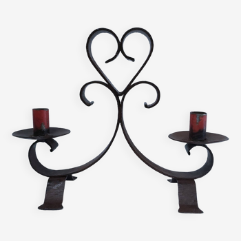 Patinated wrought iron candle holder heart pattern two lights
