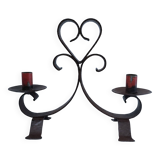 Patinated wrought iron candle holder heart pattern two lights