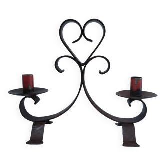 Patinated wrought iron candle holder heart pattern two lights