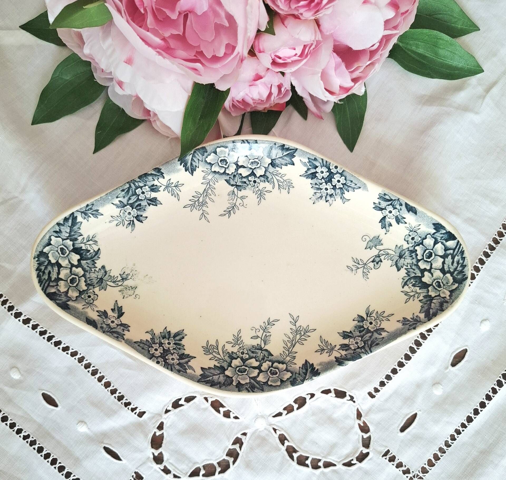 Old butter dish or butter tray in ironstone pottery.