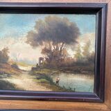 Painting XIX Landscape at the Water's Edge with its signed frame