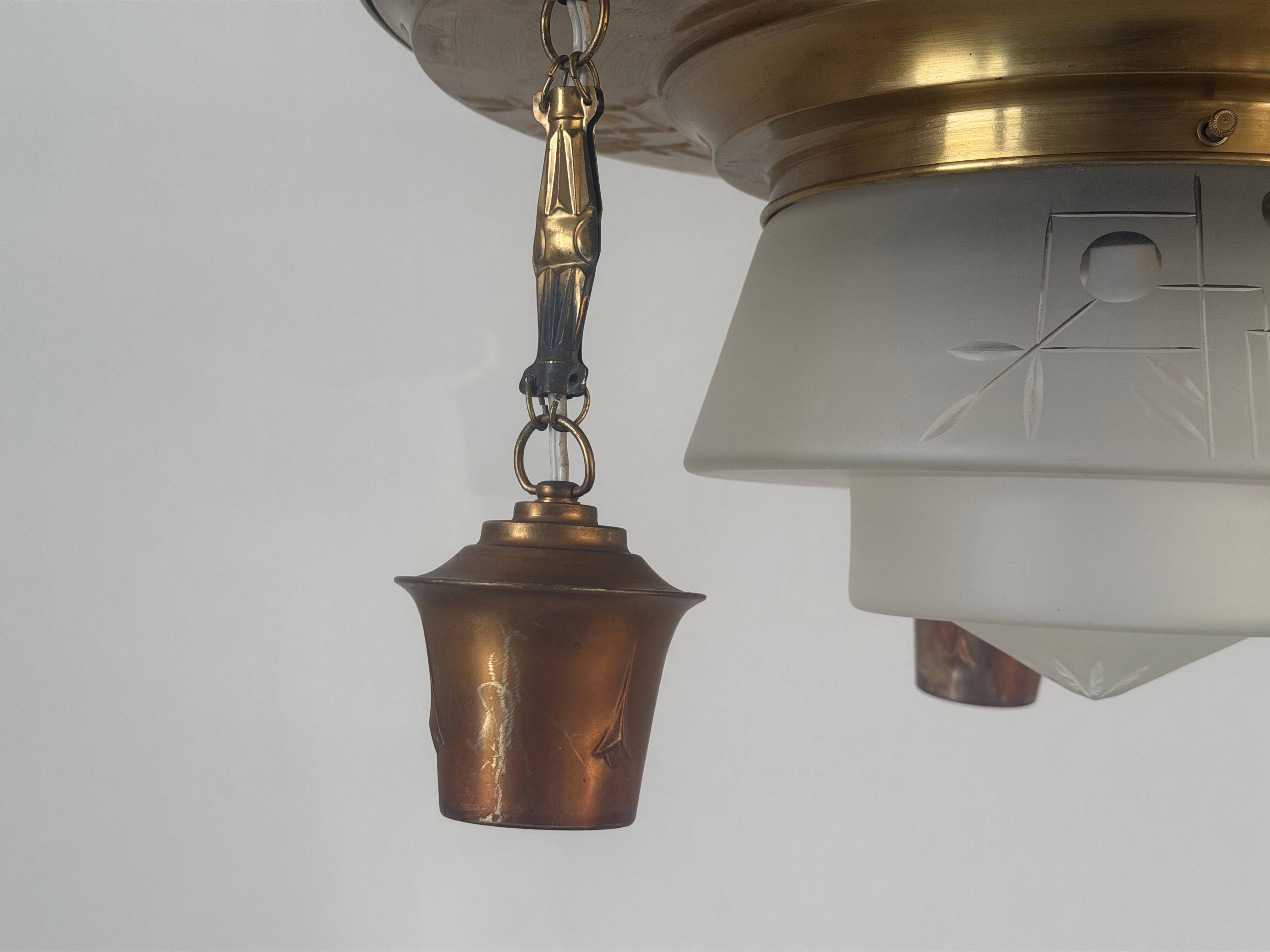 Art Deco ceiling light in copper and glass, 1940s, Germany