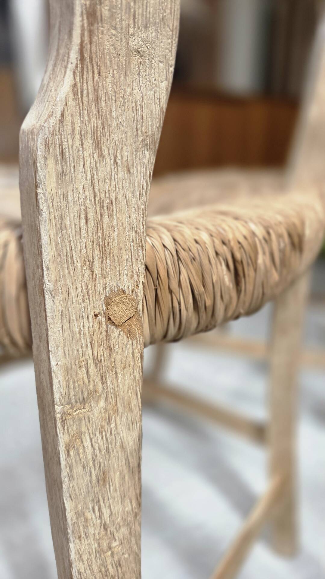 8 rustic oak chairs with patina, straw seating, 1950s.